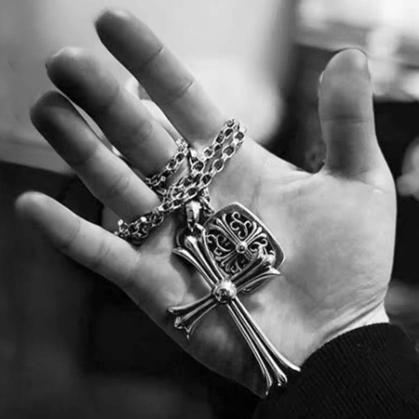 Sterling Silver Gothic Cross Necklace Pendant, Big Size Silver Cross Chain Necklace Charm