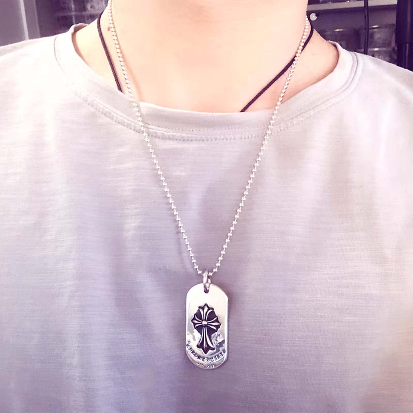 Sterling Silver Dog Tag Necklace Pendant, Big Gothic Cross Silver Charm Ball Chain Necklace