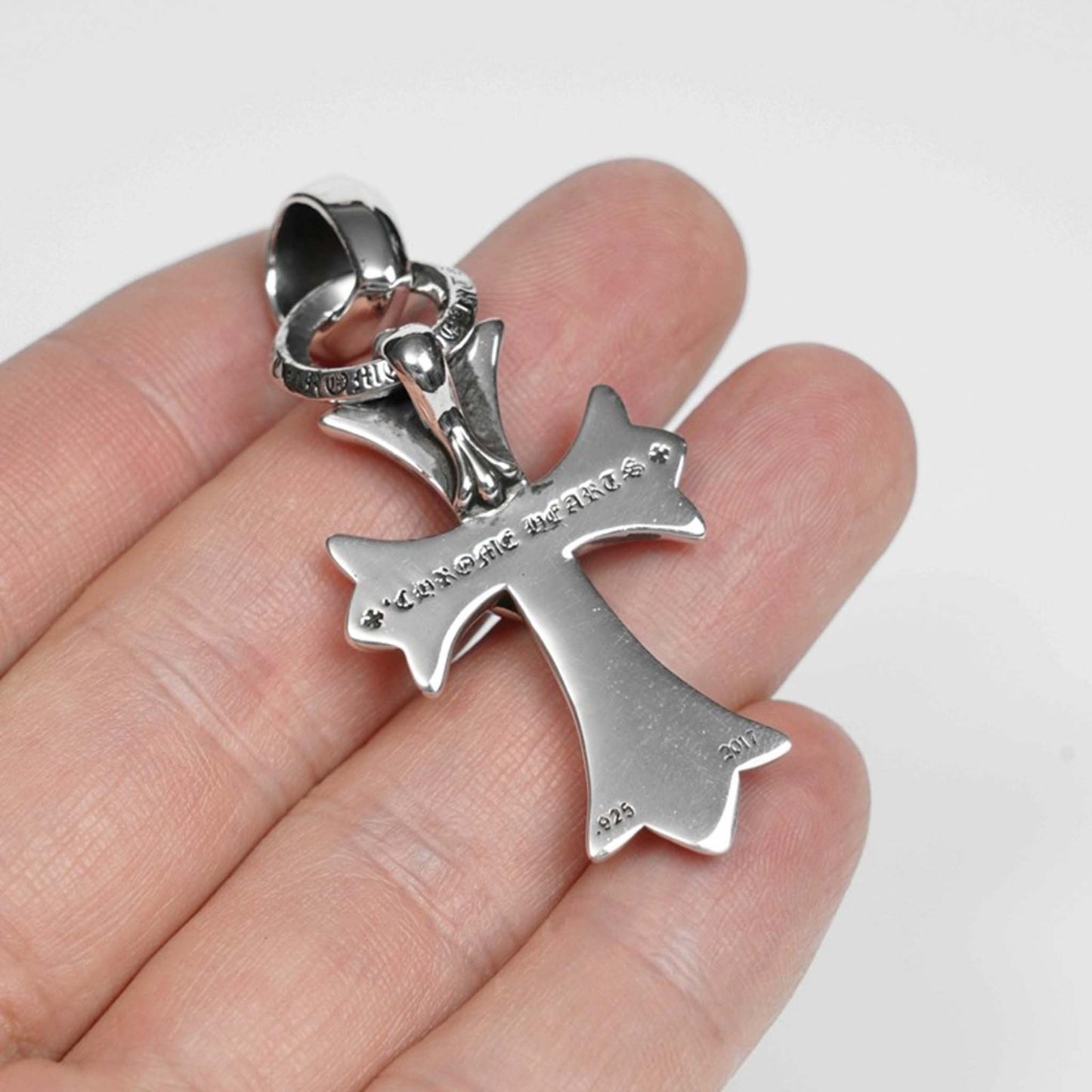 Chrome Hearts Gothic Cross & Vine Heart Necklace Pendant with Bail, 925 Silver Statement Cross Heart Charm