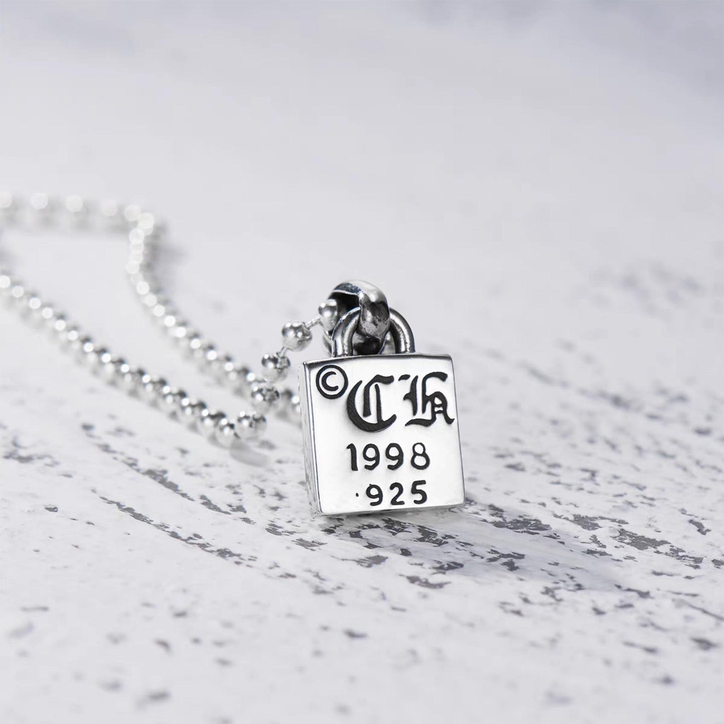 Chrome Hearts Style Square Tag Pendant, Gothic Cross/Star/Flower/Heart Charm, Sterling Silver Ball Chain Necklace