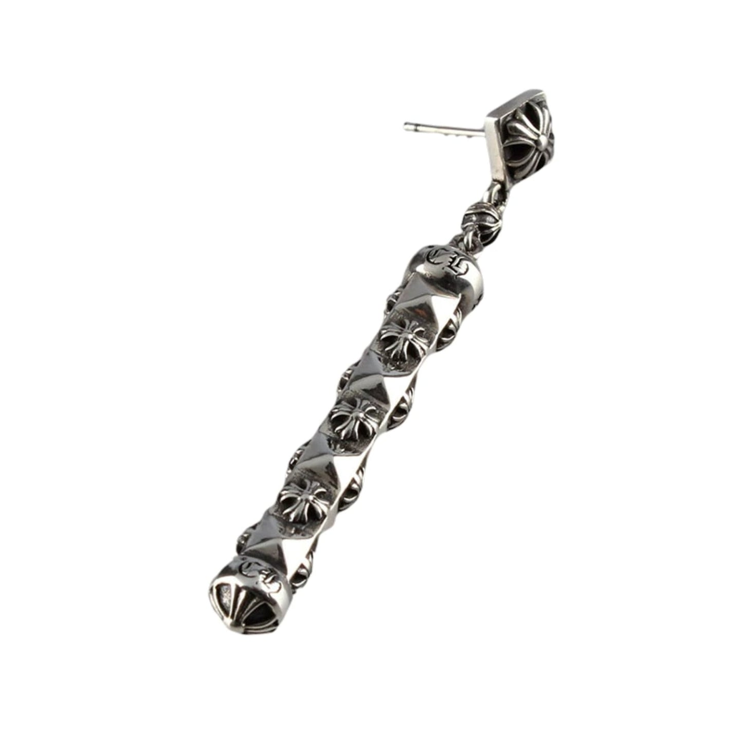 Chrome Hearts Gothic Cross Bar Earrings, CH Sterling Silver Punk Statement Dangle Earring