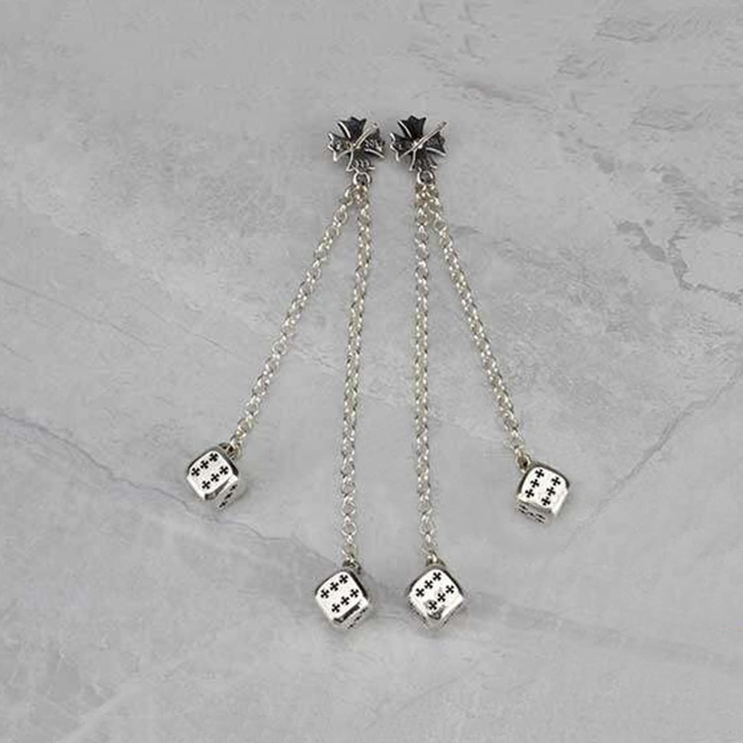 Chrome Hearts Dice Pendants Tassel Earring, CH Sterling Silver Punk Statement Dangle Earrings