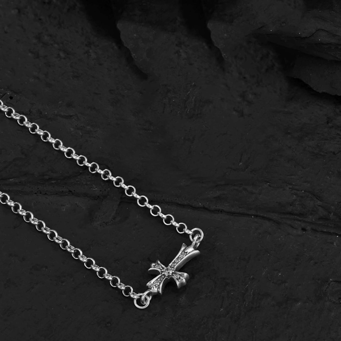 Chrome Hearts Horizontal Cross Pendant Necklace, Sterling Silver Rolo Chain Necklaces