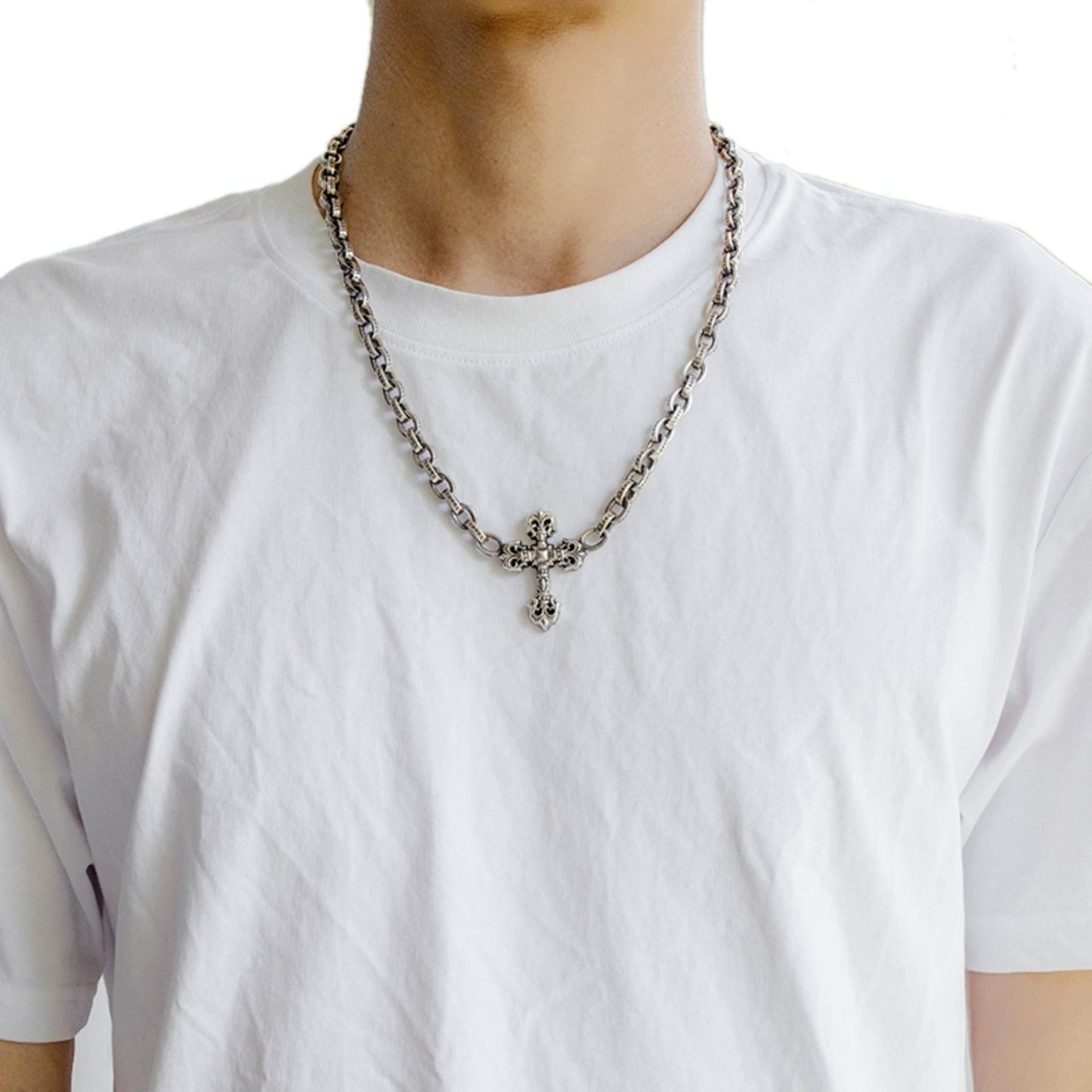 Chrome Hearts 8mm Paper Chain Flaming Cross Pendant Necklace, 925 Silver Letters Chunky Chain Necklaces