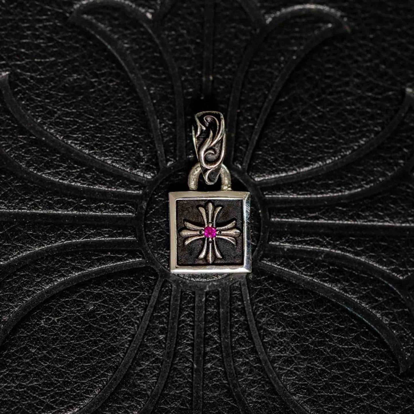 Chrome Hearts Square Cross Necklace Pendant with Gems, 925 Silver Punk Statement Charm