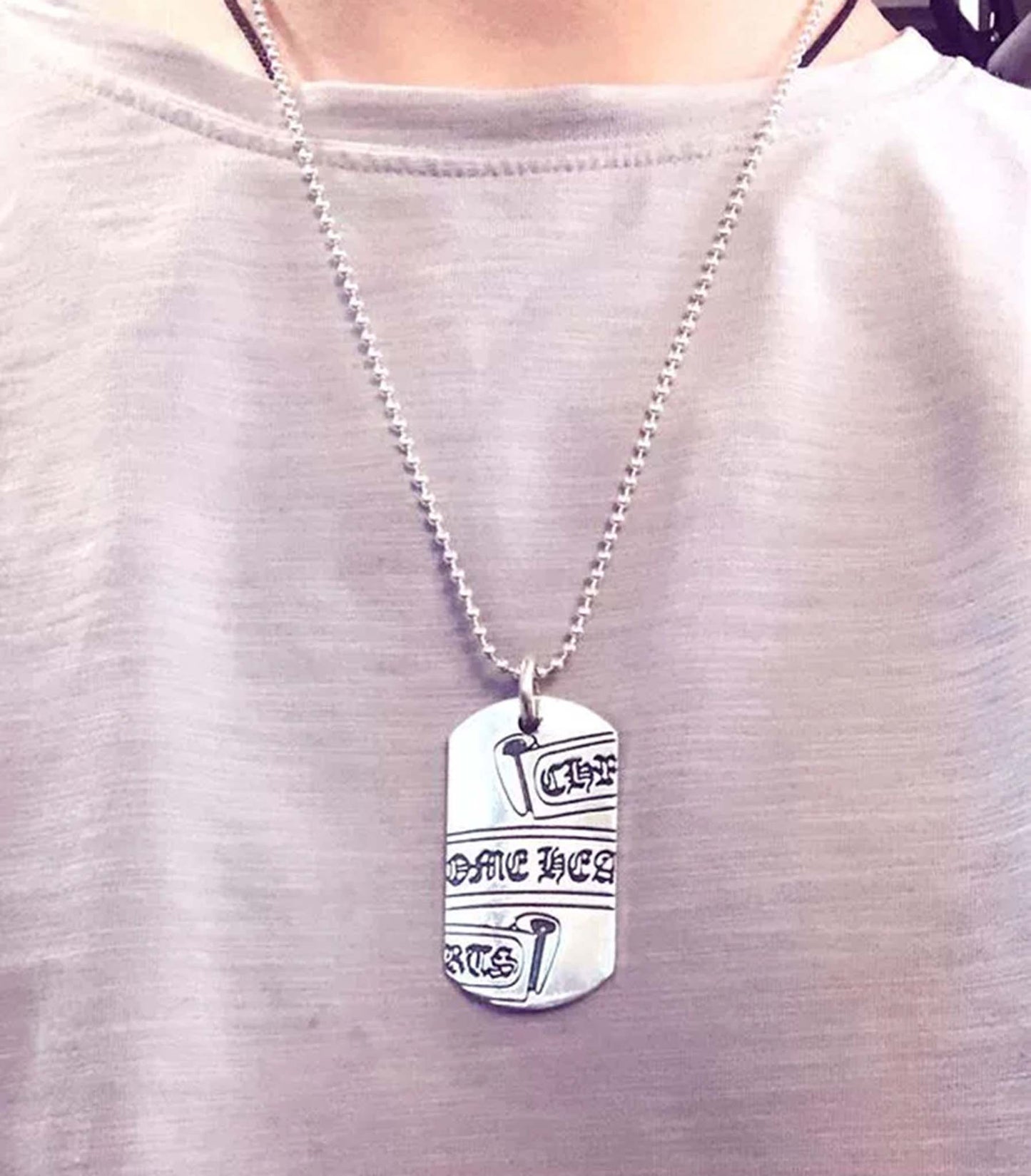 Chrome Hearts Gothic Cross Scroll Dog Tag Necklace Pendant, Sterling Silver Charm Ball Chain Necklace