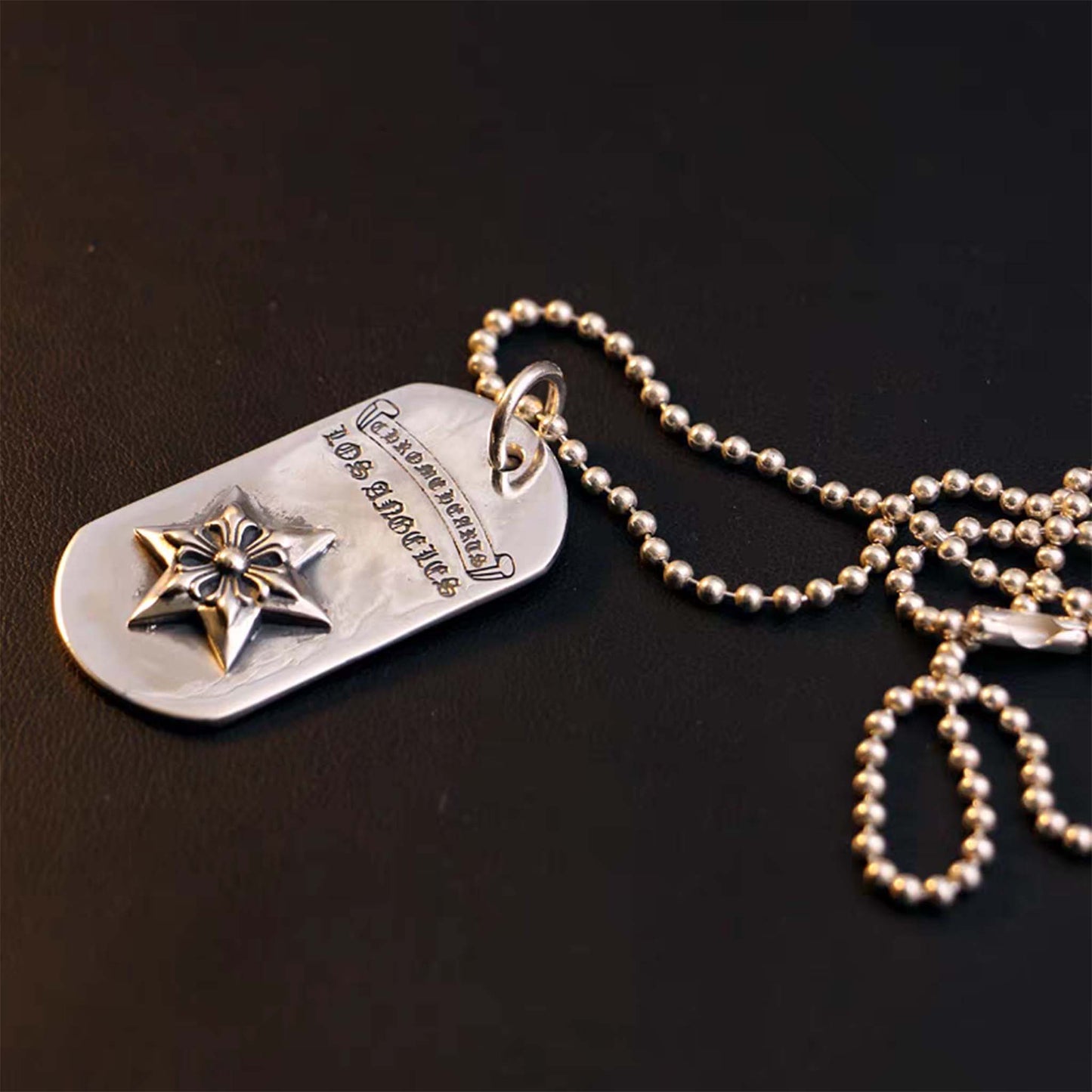 Sterling Silver Dog Tag Necklace Pendant, Gothic Hexagon Star Silver Pendant Ball Chain Necklace