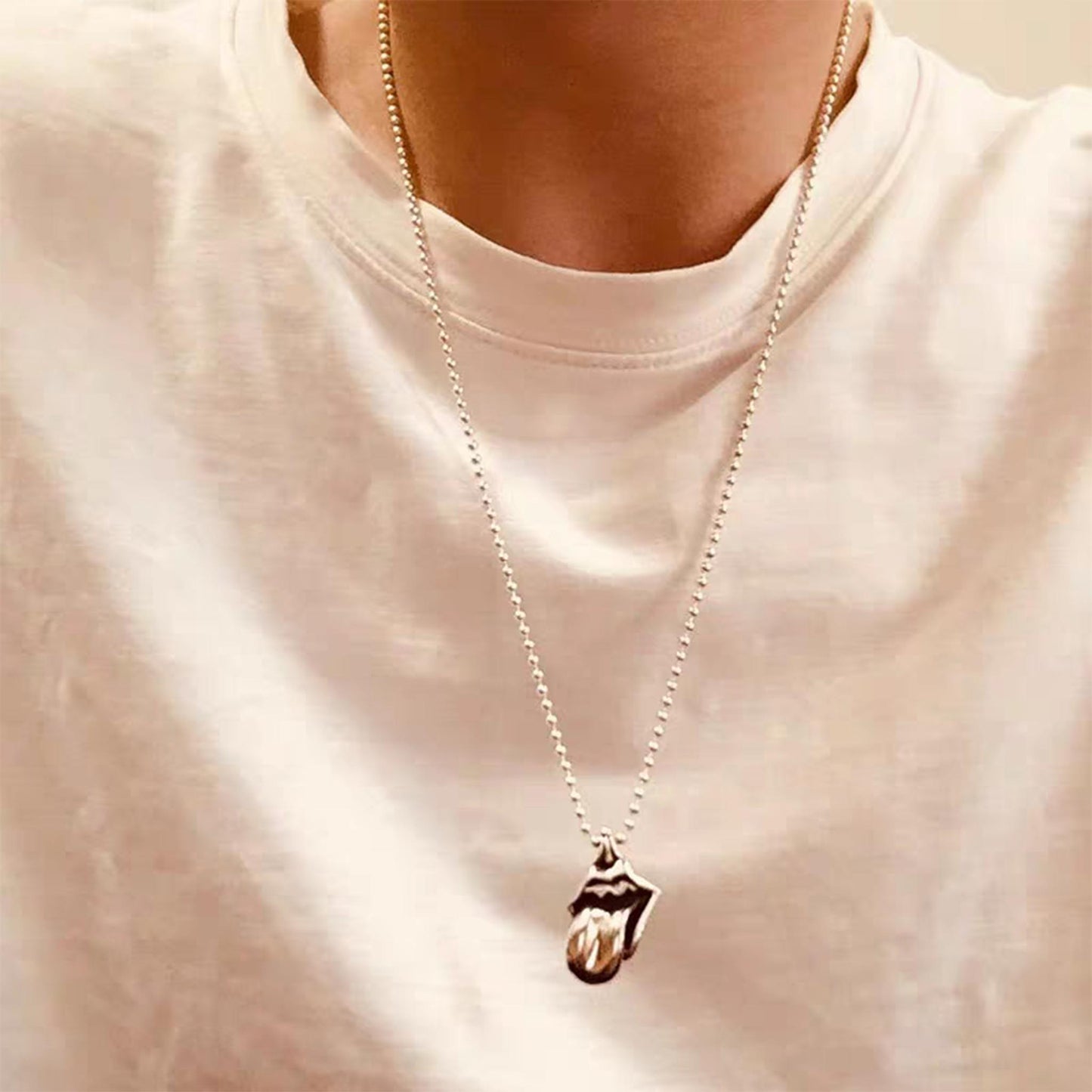 Sterling Silver Necklace Pendant, Gothic Tongue Silver Pendant Ball Chain Necklace