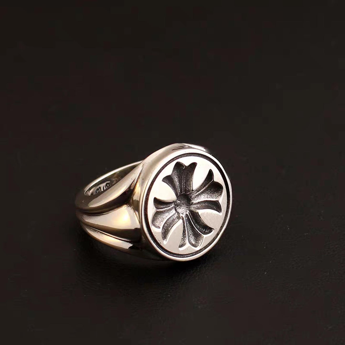 Sterling Silver Signet Ring, Gothic Cross Flower Design Statement Ring, Rustic Relationship Rings