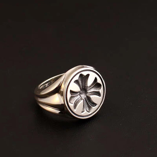 Sterling Silver Signet Ring, Gothic Cross Flower Design Statement Ring, Rustic Relationship Rings