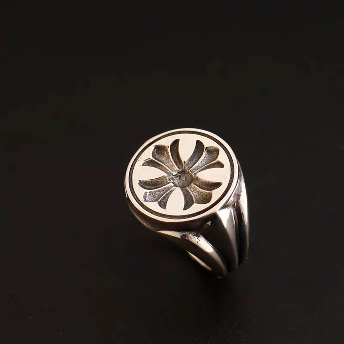 Sterling Silver Signet Ring, Gothic Cross Flower Design Statement Ring, Rustic Relationship Rings