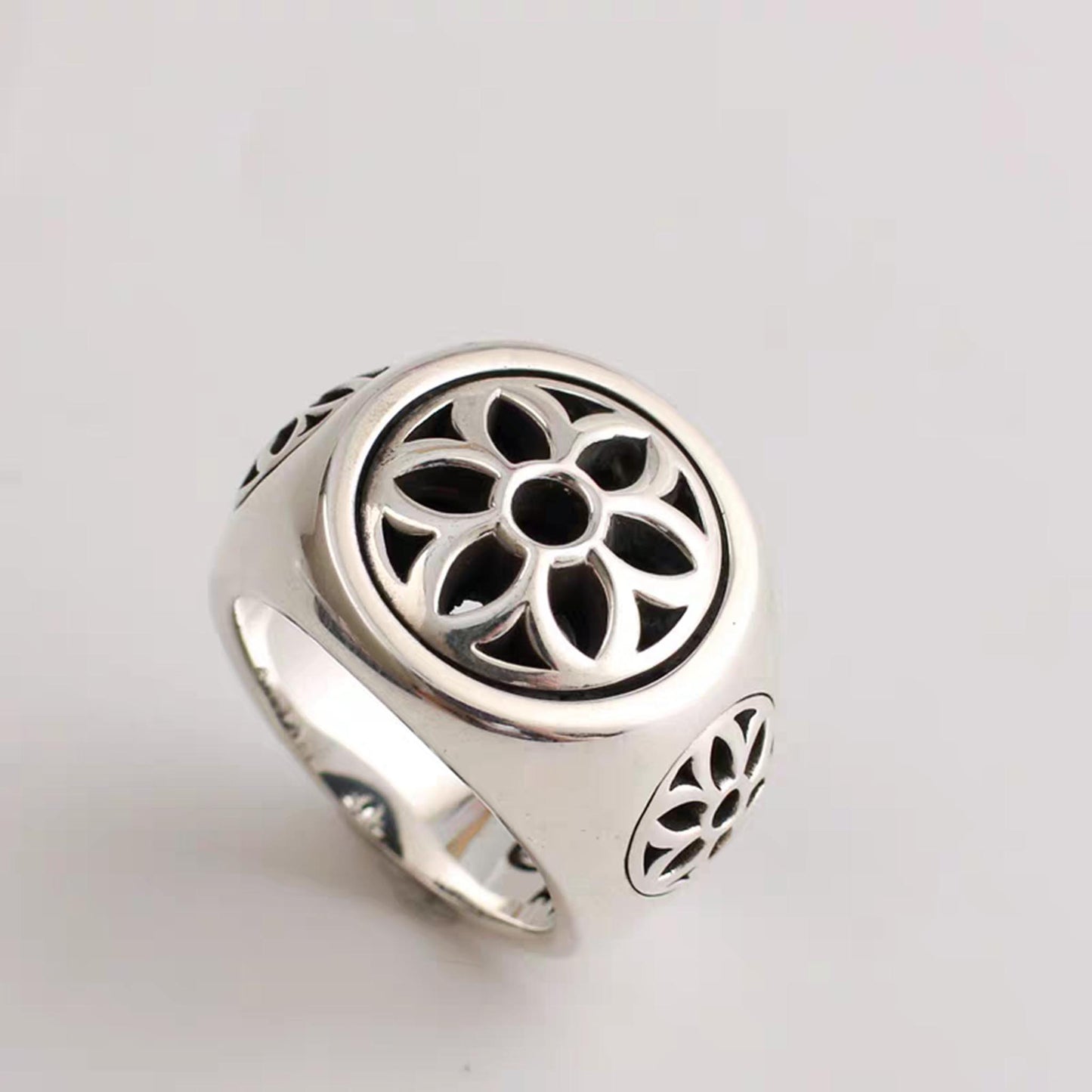 Sterling Silver Cherry Blossom Design Ring, GA Classic Punk Men's Rings, Romantic Gift for Him