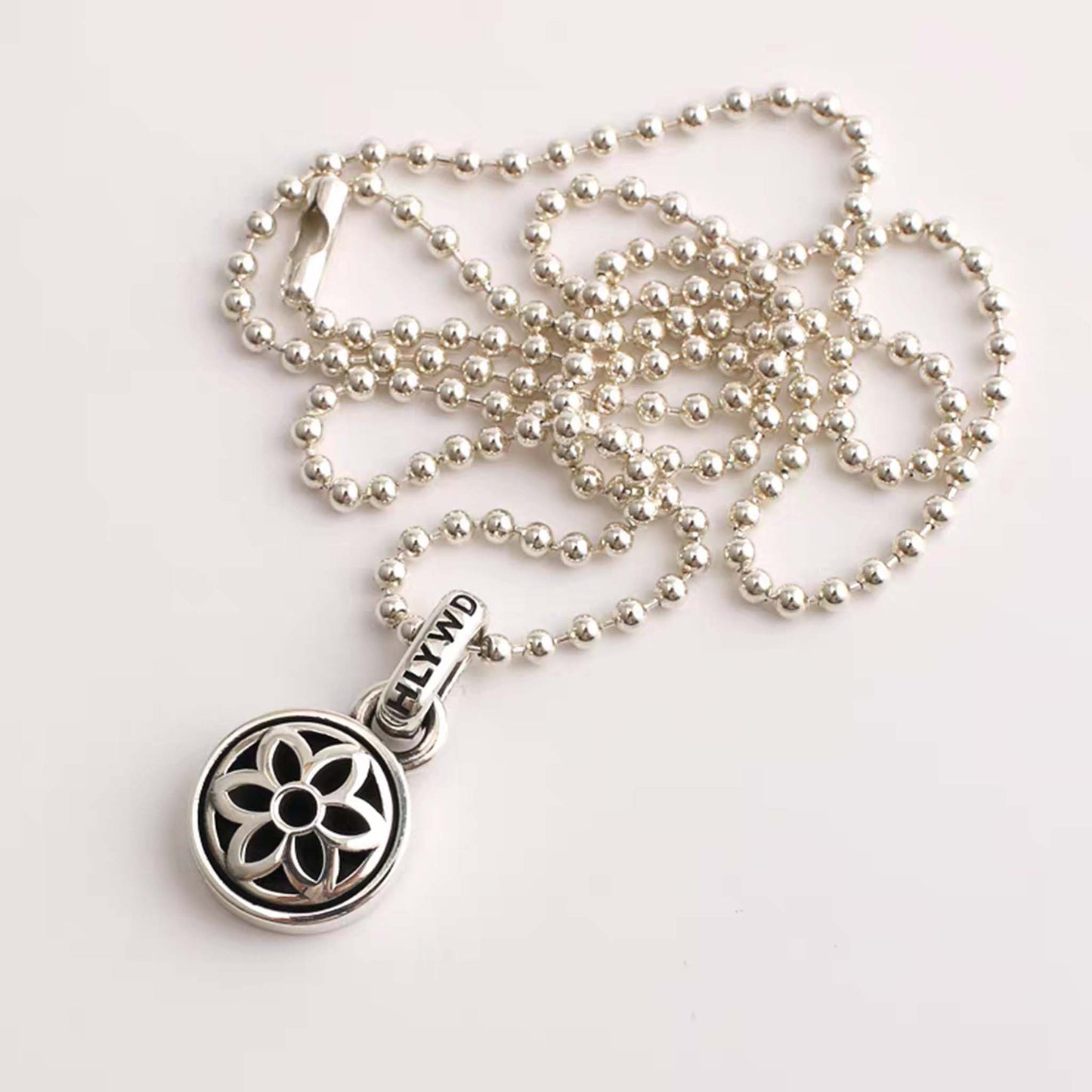 Sterling Silver Necklace Pendant, Cherry Blossom Design Silver Pendant Ball Chain Necklace