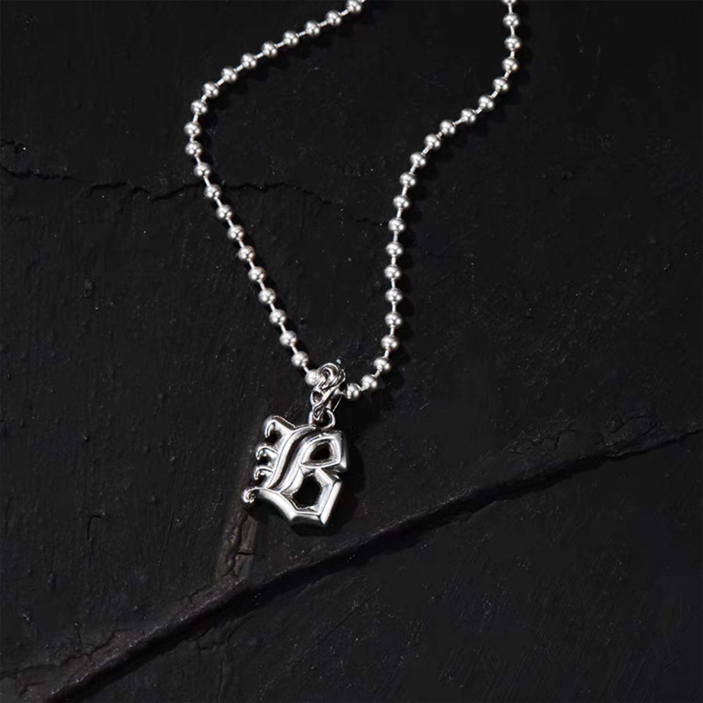 Chrome Hearts Style Initial Pendant, Gothic Alphabet Charm, Sterling Silver Ball Chain Necklace