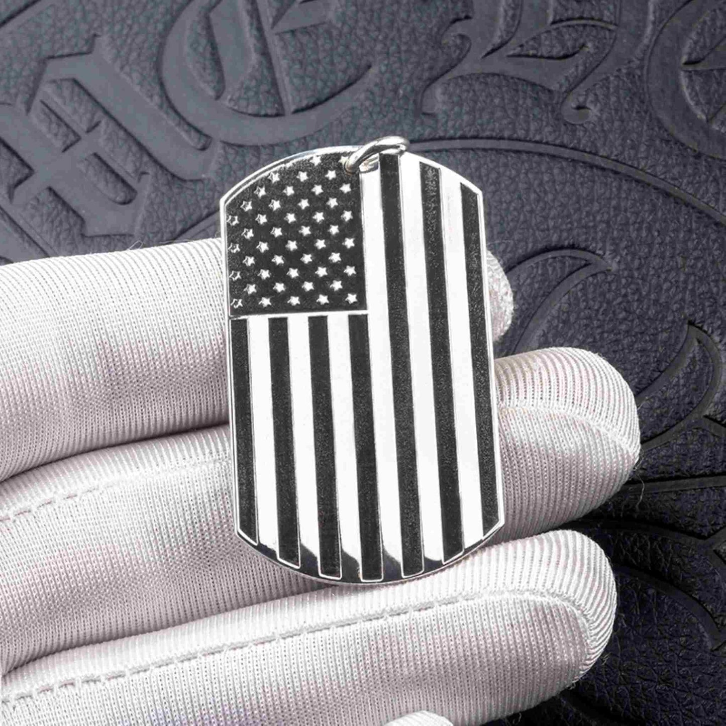 Chrome Hearts American Flag & FREEDOM Military Dog Tag Necklace Pendant, 925 Silver Charm Ball Chain Necklace