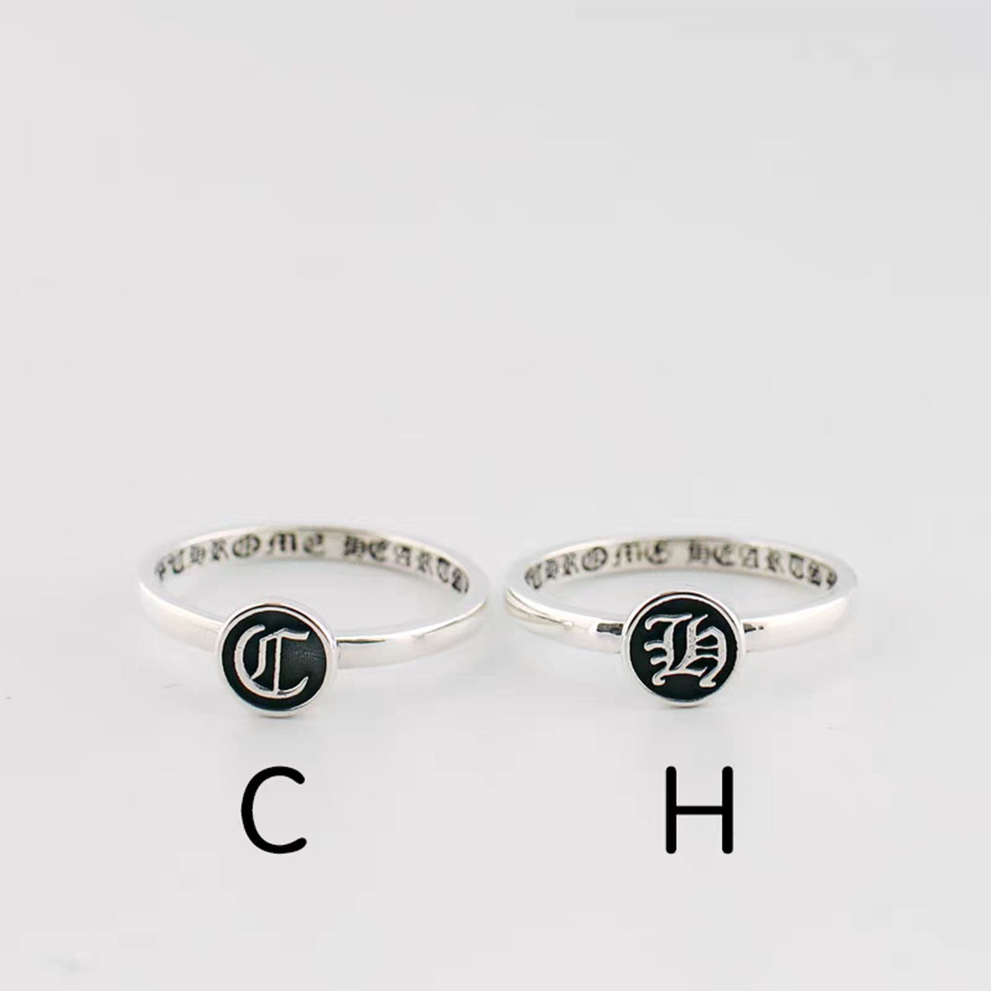Sterling Silver Gothic Letter C & H Tail Ring, Chrome Hearts Punk Statement Silver Pinky Rings