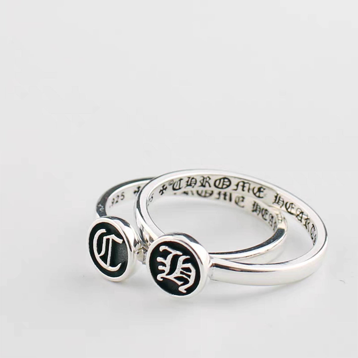Sterling Silver Gothic Letter C & H Tail Ring, Chrome Hearts Punk Statement Silver Pinky Rings