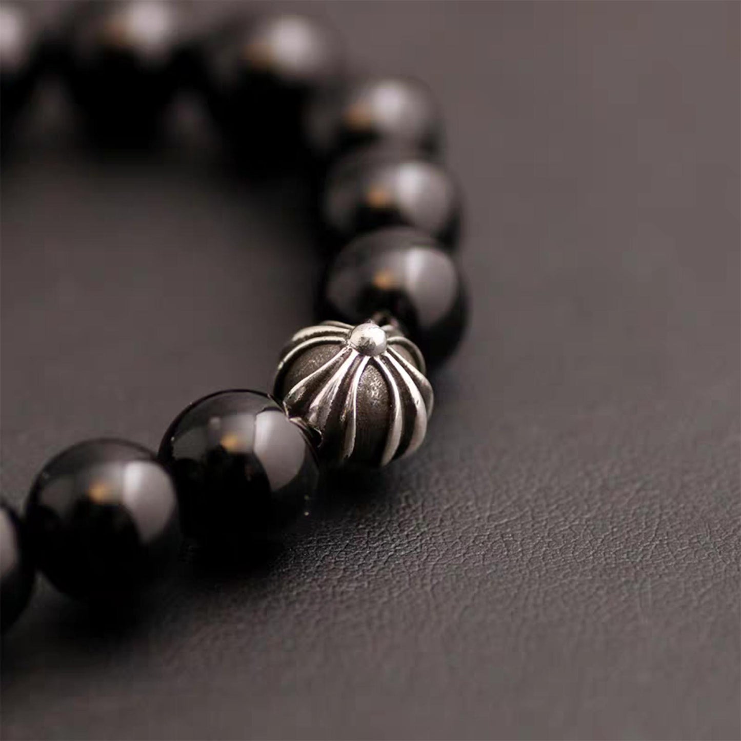 Chrome Hearts Cross & Letters Beads Bracelet, Obsidian & Solid Sterling Silver Ball Bracelets