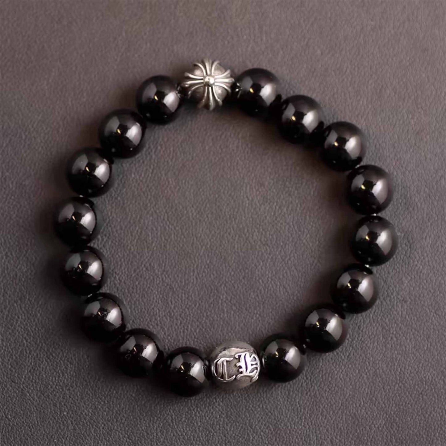 Chrome Hearts Cross & Letters Beads Bracelet, Obsidian & Solid Sterling Silver Ball Bracelets