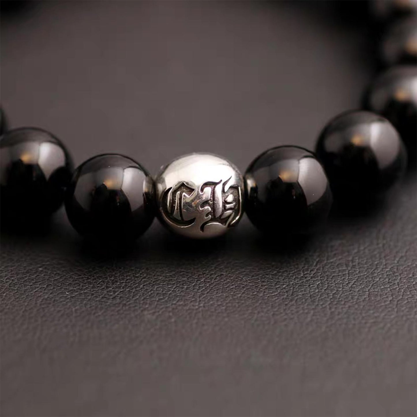 Chrome Hearts Cross & Letters Beads Bracelet, Obsidian & Solid Sterling Silver Ball Bracelets