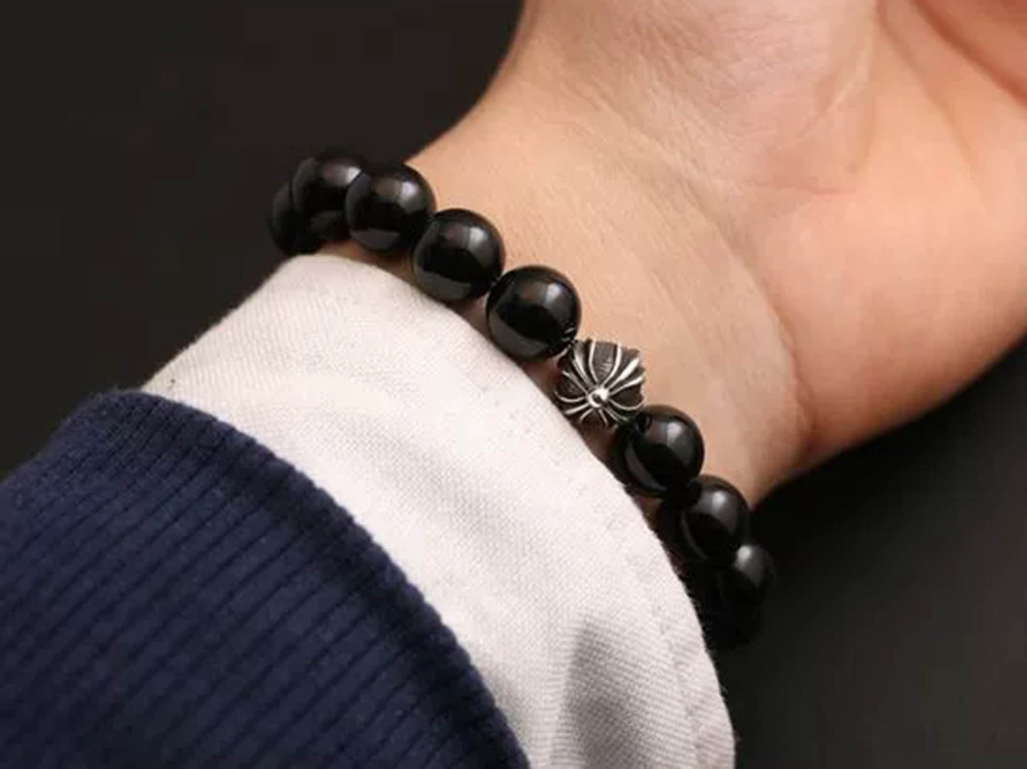 Chrome Hearts Cross & Letters Beads Bracelet, Obsidian & Solid Sterling Silver Ball Bracelets