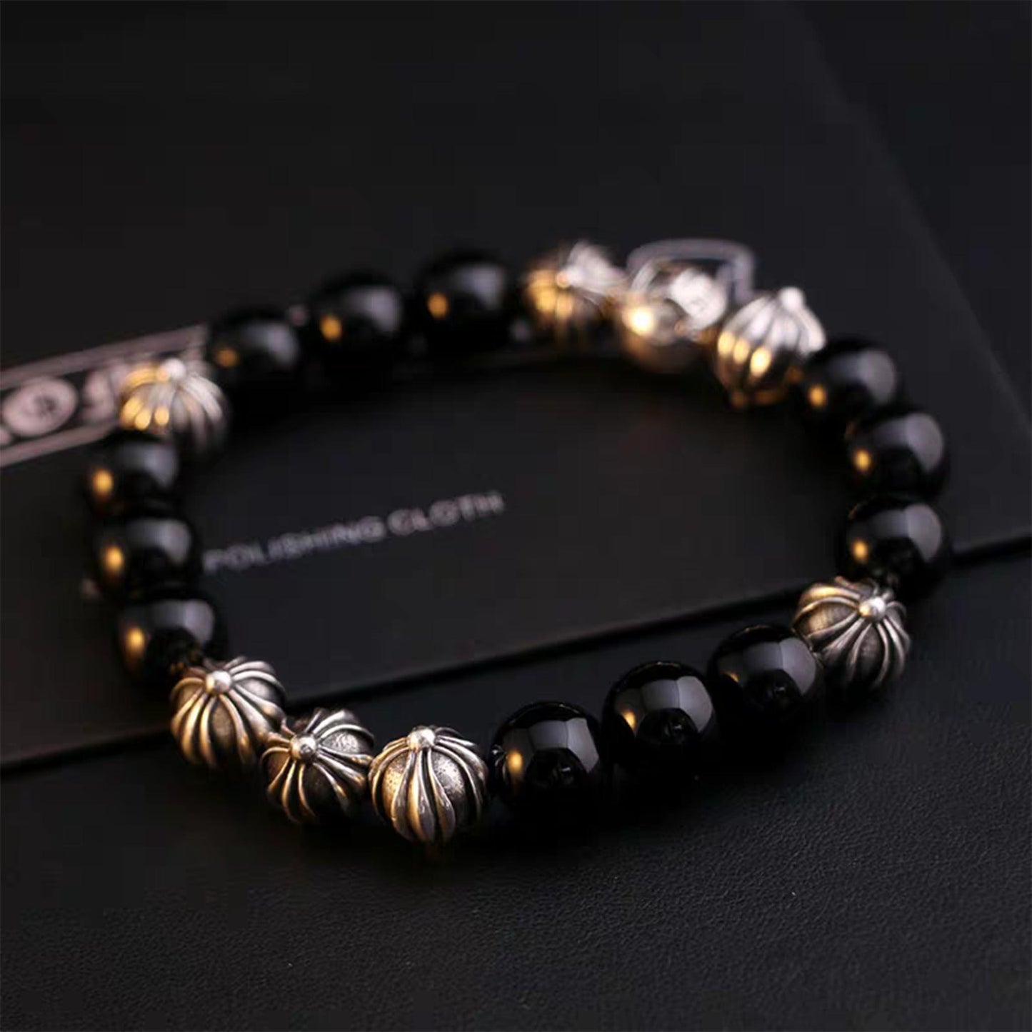 Chrome Hearts Obsidian & Solid Silver Ball Bracelets, Gothic Cross & Letters Beads Bracelet