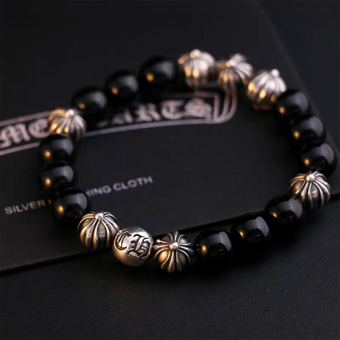 Chrome Hearts Obsidian & Solid Silver Ball Bracelets, Gothic Cross & Letters Beads Bracelet