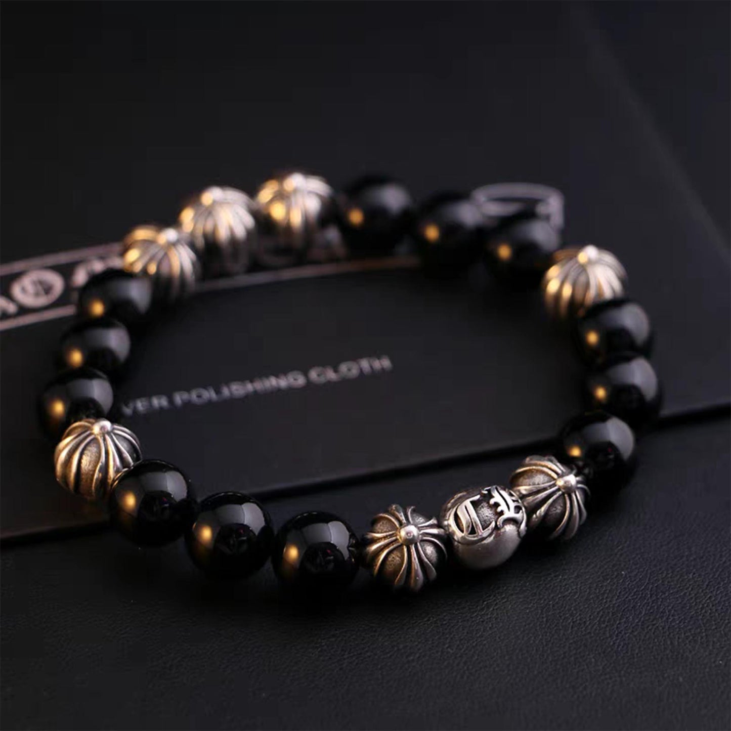 Chrome Hearts Obsidian & Solid Silver Ball Bracelets, Gothic Cross & Letters Beads Bracelet