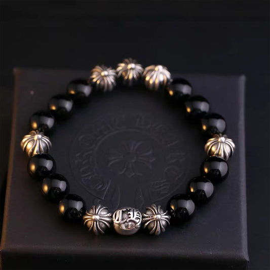 Chrome Hearts Obsidian & Solid Silver Ball Bracelets, Gothic Cross & Letters Beads Bracelet