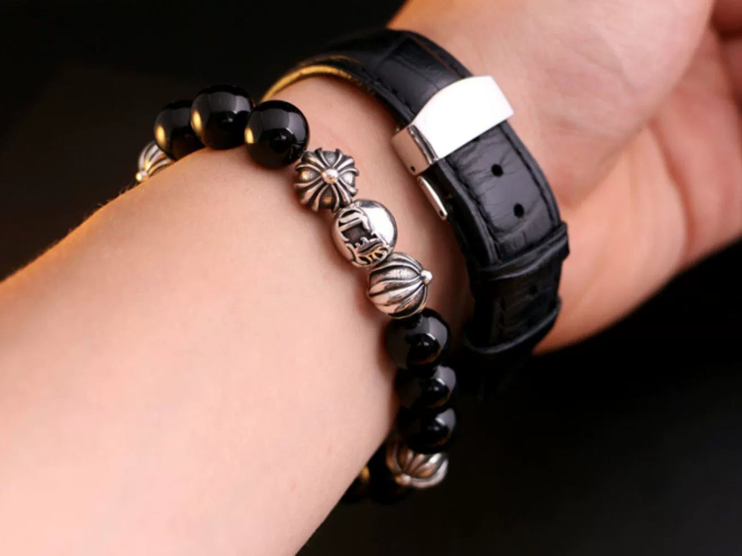 Chrome Hearts Obsidian & Solid Silver Ball Bracelets, Gothic Cross & Letters Beads Bracelet