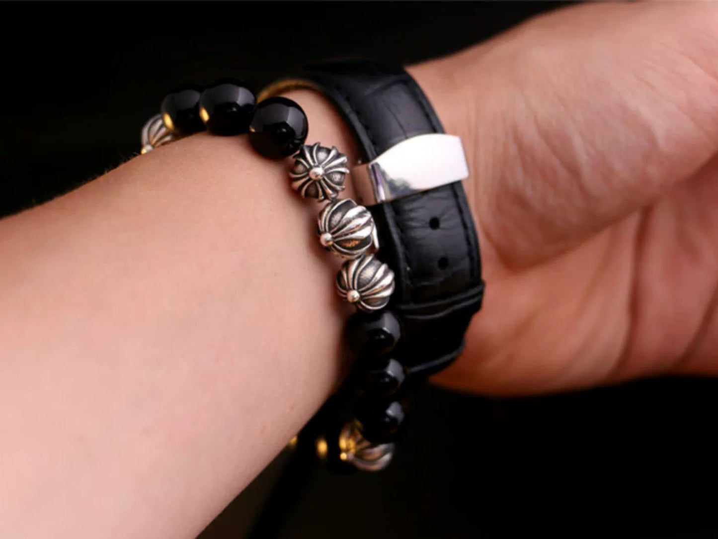Chrome Hearts Obsidian & Solid Silver Ball Bracelets, Gothic Cross & Letters Beads Bracelet