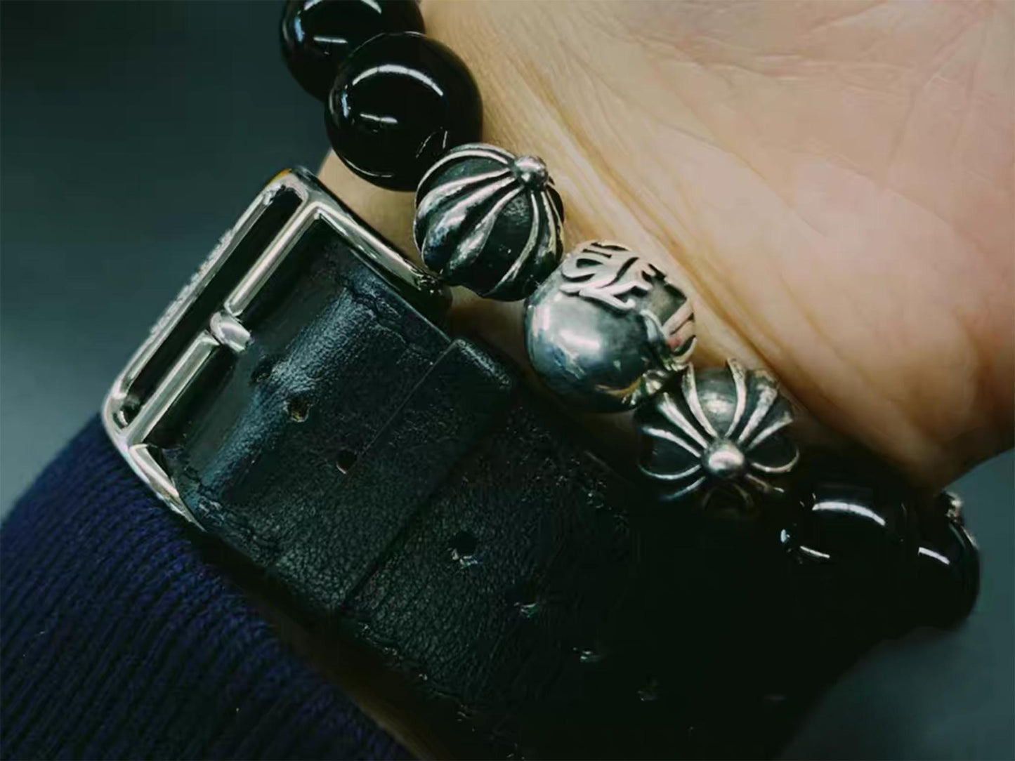 Chrome Hearts Obsidian & Solid Silver Ball Bracelets, Gothic Cross & Letters Beads Bracelet