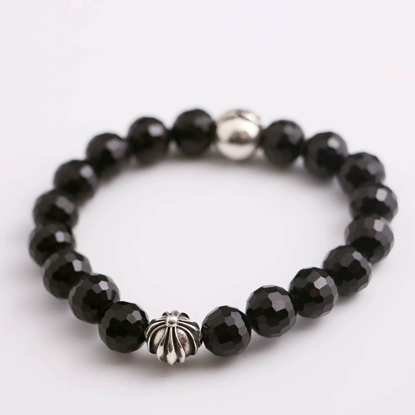 Chrome Hearts Cross & Letters Beads Bracelet, Cutting surface Obsidian & Solid Silver Ball Bracelets