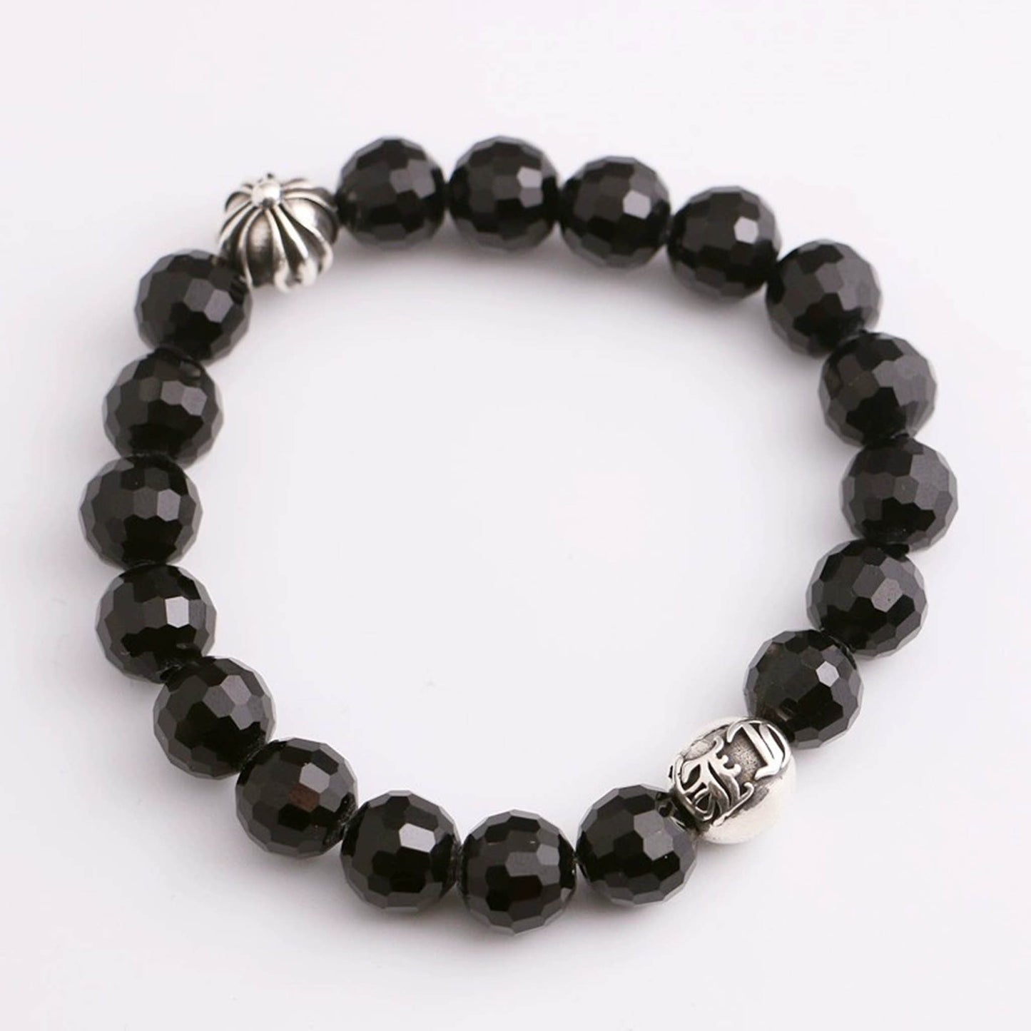 Chrome Hearts Cross & Letters Beads Bracelet, Cutting surface Obsidian & Solid Silver Ball Bracelets