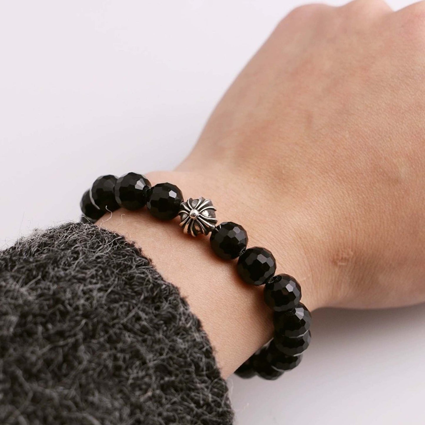 Chrome Hearts Cross & Letters Beads Bracelet, Cutting surface Obsidian & Solid Silver Ball Bracelets