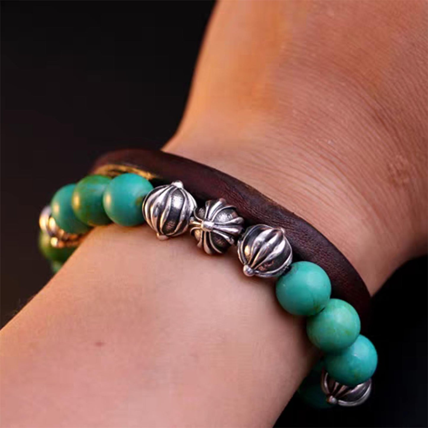 Chrome Hearts Cross & Letters Beads Bracelet, Turquoise & Solid Silver Ball Chain Bracelets