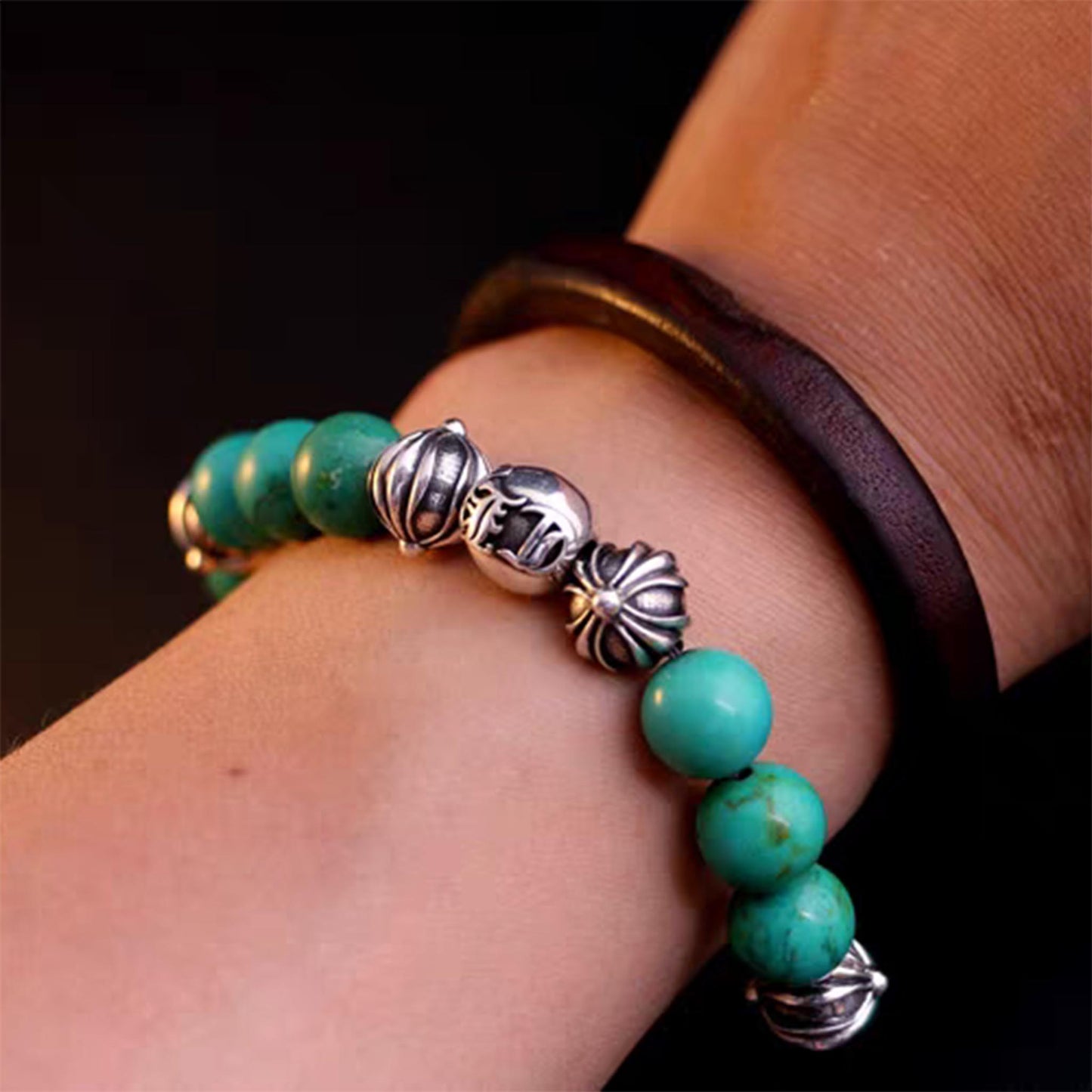 Chrome Hearts Cross & Letters Beads Bracelet, Turquoise & Solid Silver Ball Chain Bracelets