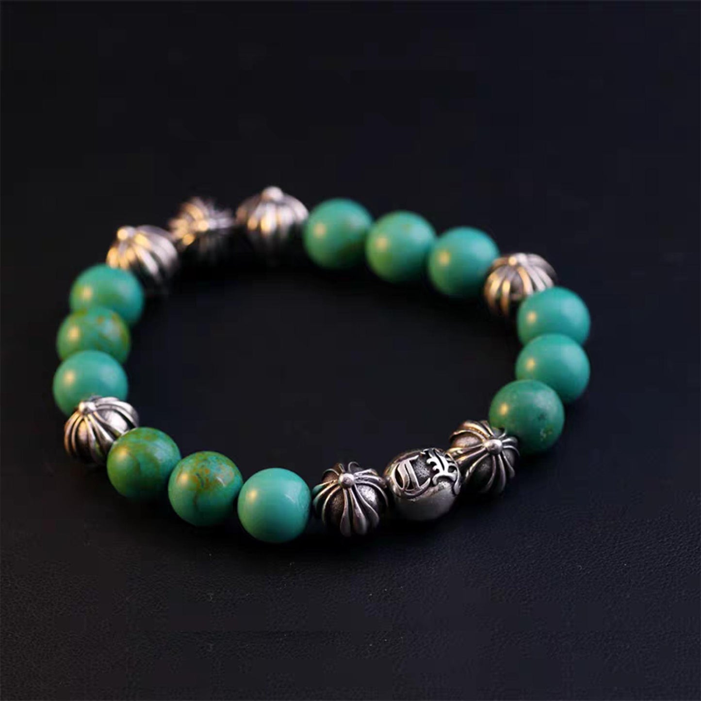 Chrome Hearts Cross & Letters Beads Bracelet, Turquoise & Solid Silver Ball Chain Bracelets