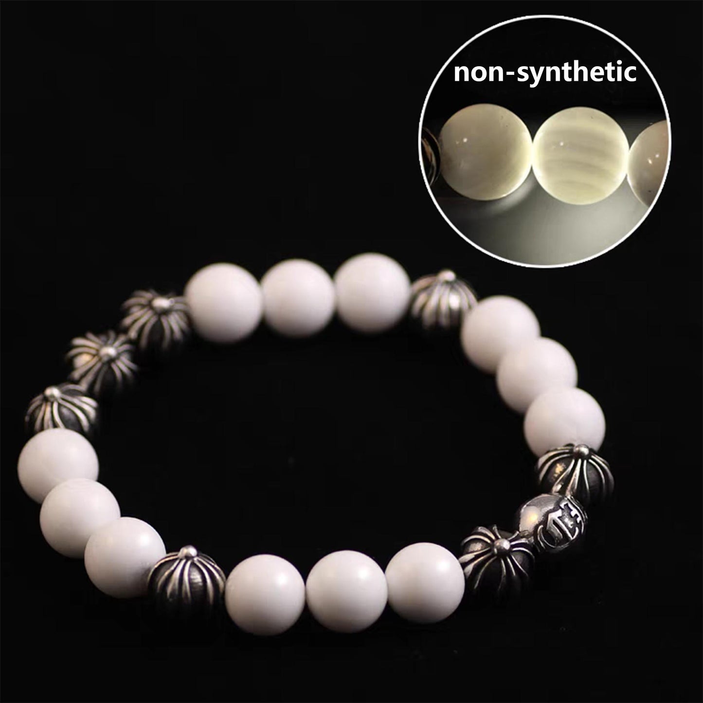 Chrome Hearts White Shell & Solid Silver Beads Bracelet, Gothic Cross & Letters Ball Chain Bracelets