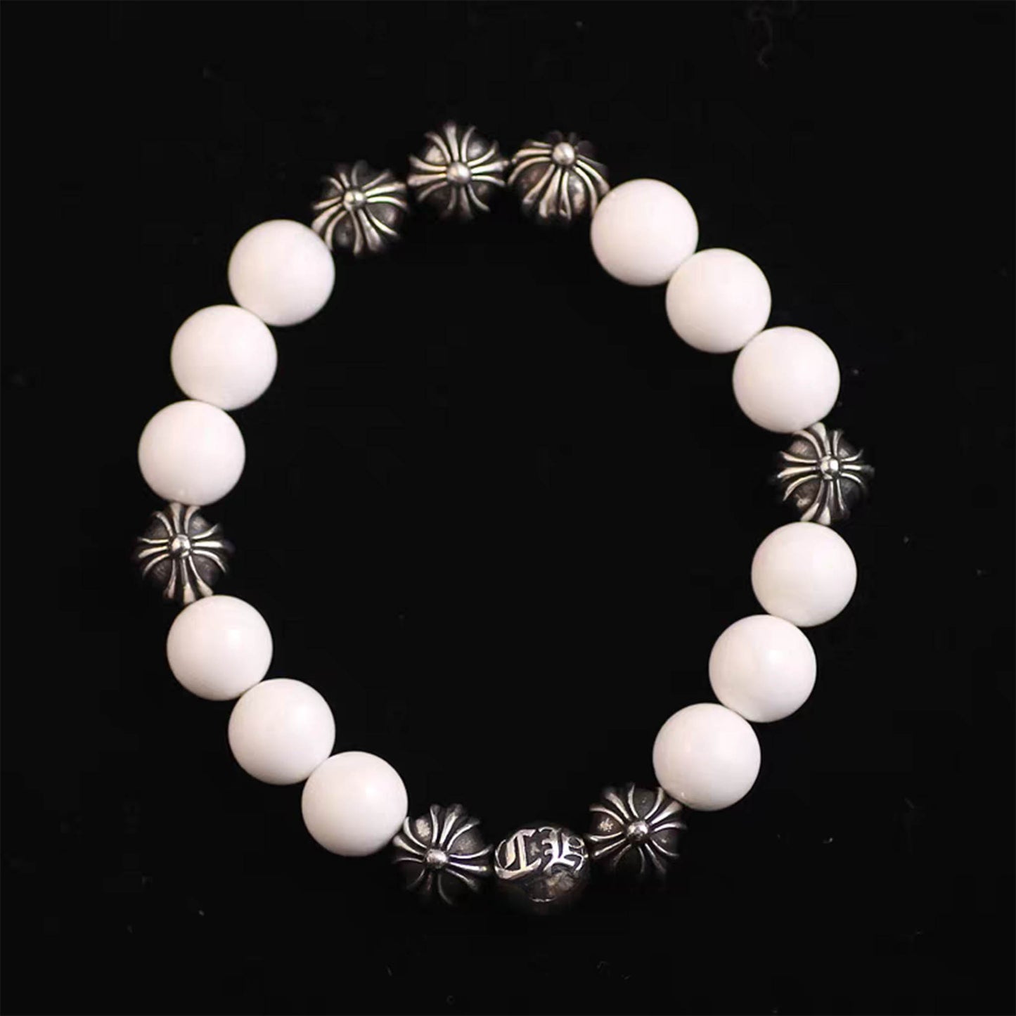 Chrome Hearts White Shell & Solid Silver Beads Bracelet, Gothic Cross & Letters Ball Chain Bracelets