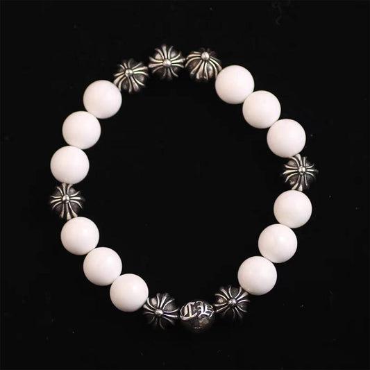 Chrome Hearts White Shell & Solid Silver Beads Bracelet, Gothic Cross & Letters Ball Chain Bracelets