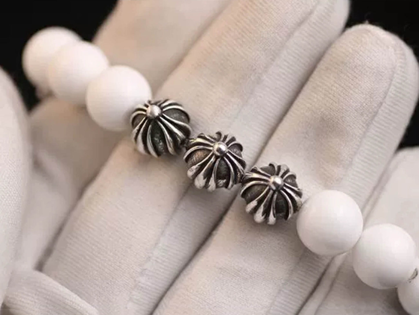 Chrome Hearts White Shell & Solid Silver Beads Bracelet, Gothic Cross & Letters Ball Chain Bracelets