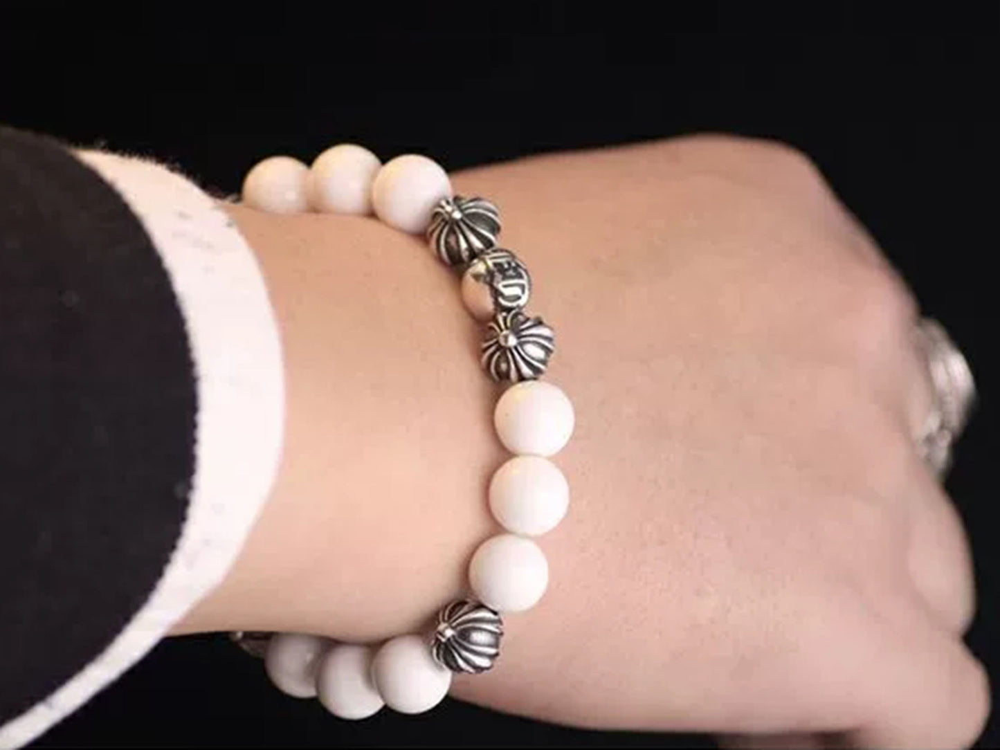 Chrome Hearts White Shell & Solid Silver Beads Bracelet, Gothic Cross & Letters Ball Chain Bracelets