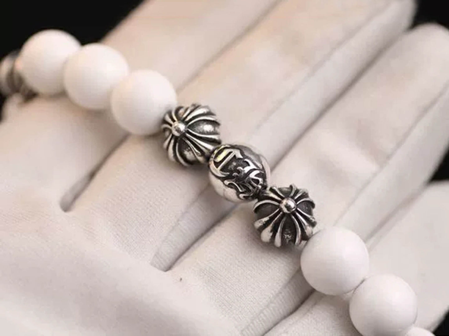 Chrome Hearts White Shell & Solid Silver Beads Bracelet, Gothic Cross & Letters Ball Chain Bracelets