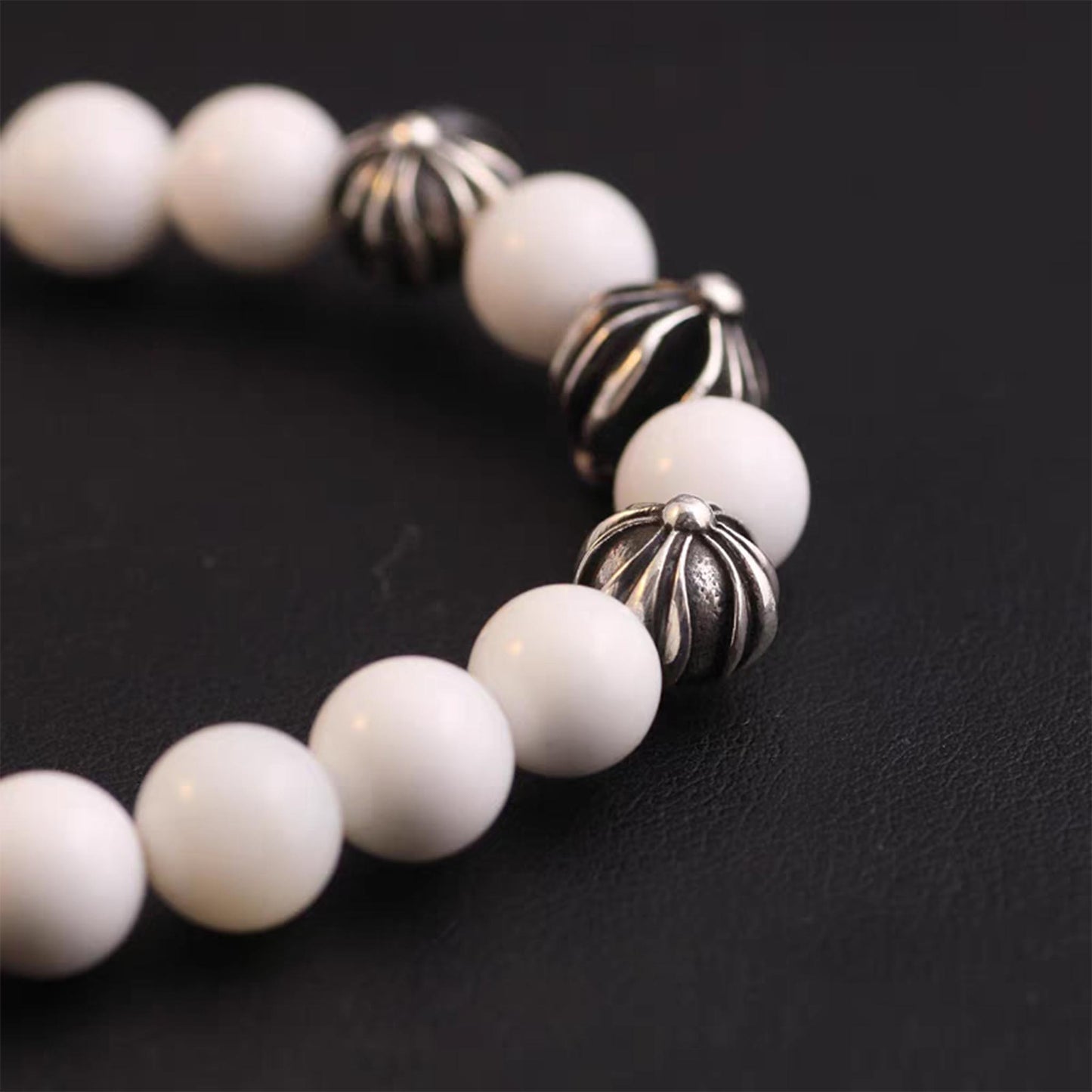 Chrome Hearts Gothic Cross & Letters Ball Chain Bracelets, White Shell & Solid Silver Beads Bracelet