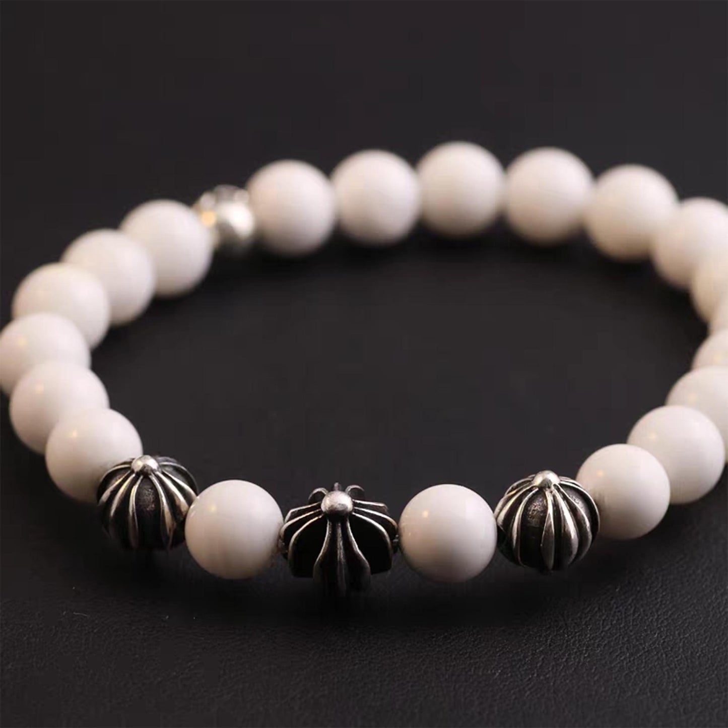 Chrome Hearts Gothic Cross & Letters Ball Chain Bracelets, White Shell & Solid Silver Beads Bracelet