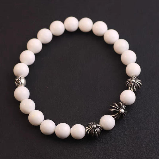 Chrome Hearts Gothic Cross & Letters Ball Chain Bracelets, White Shell & Solid Silver Beads Bracelet