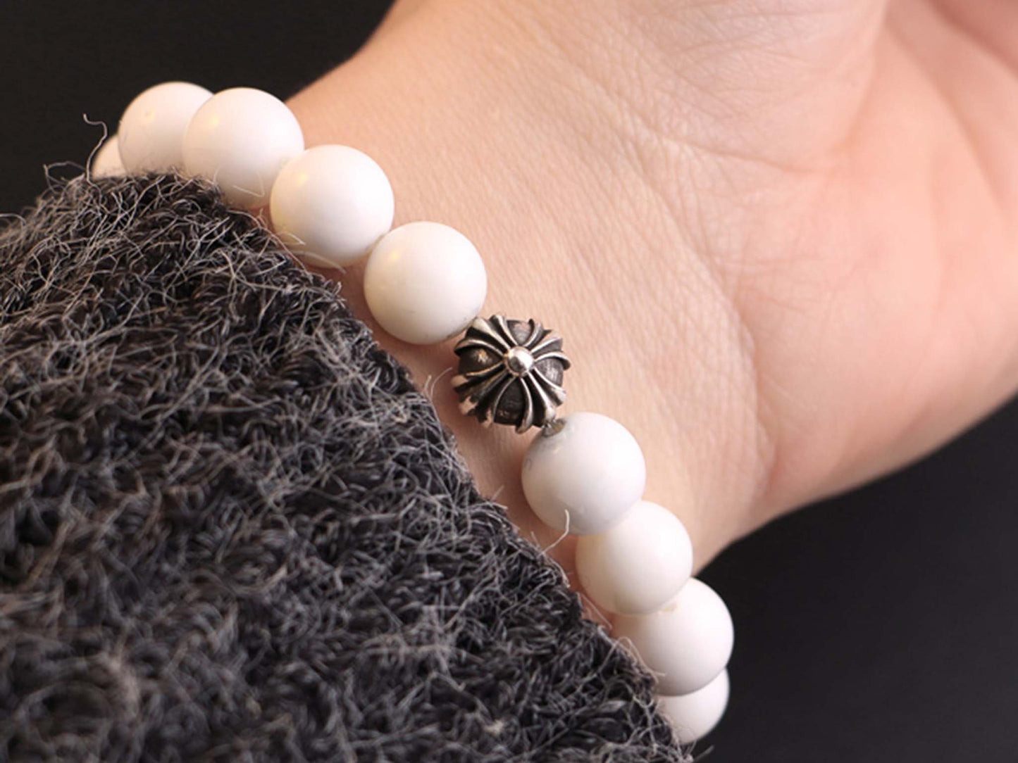 Chrome Hearts Cross & Letters Beads Bracelet, White Shell & Solid Silver Ball Chain Bracelets