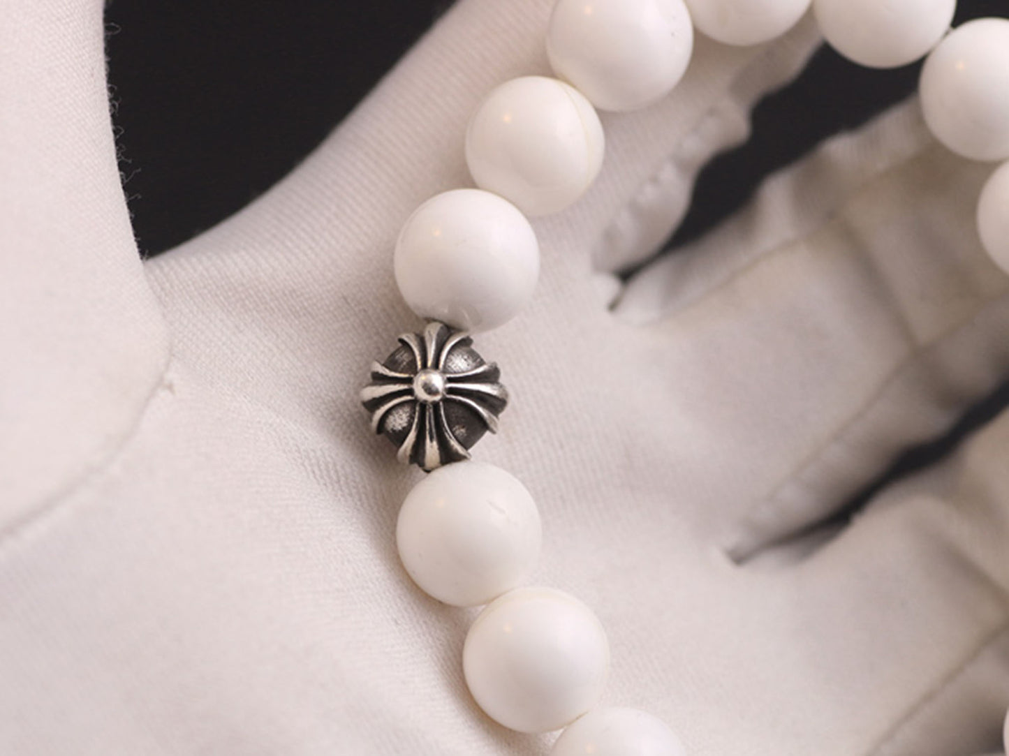 Chrome Hearts Cross & Letters Beads Bracelet, White Shell & Solid Silver Ball Chain Bracelets