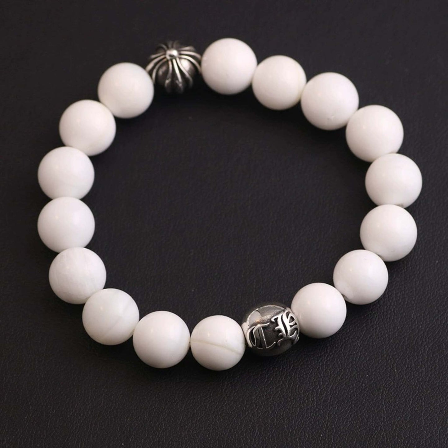 Chrome Hearts Cross & Letters Beads Bracelet, White Shell & Solid Silver Ball Chain Bracelets